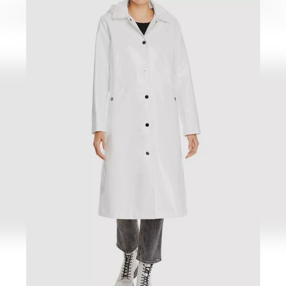 Jane Post White Rain Slicker Hooded Long Coat Trench Size Small NWOT Leopard